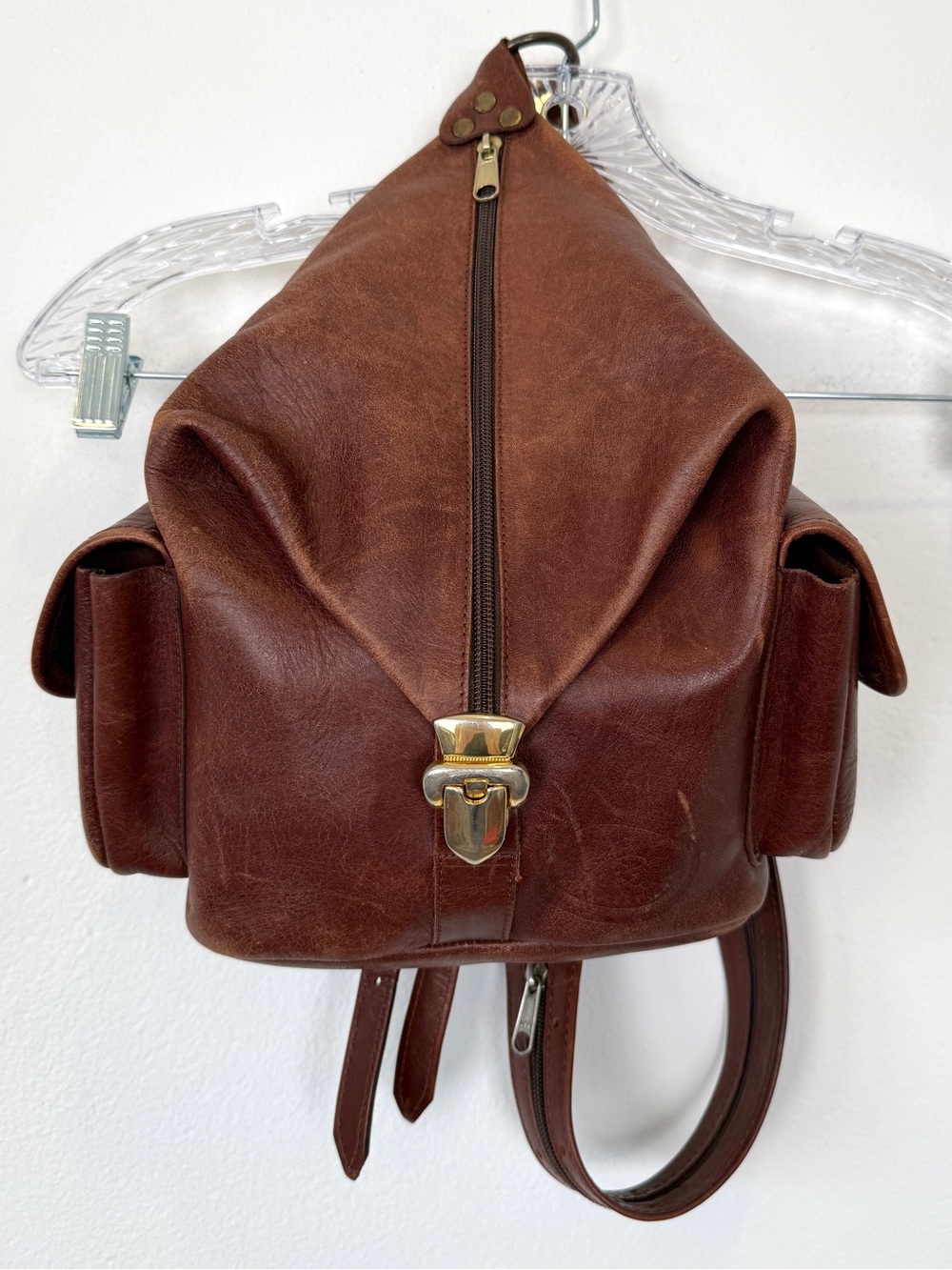 Vintage AZ Real Leather Brown Multi Pocket Convertible Sling Backpack